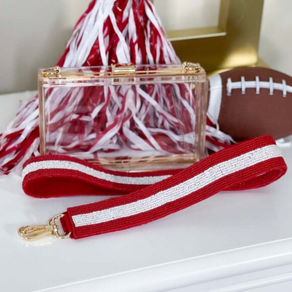 Red White Striped Gameday Football Team Seed Beaded Guitar Crossbody Bag Strap - Picture 1 of 4